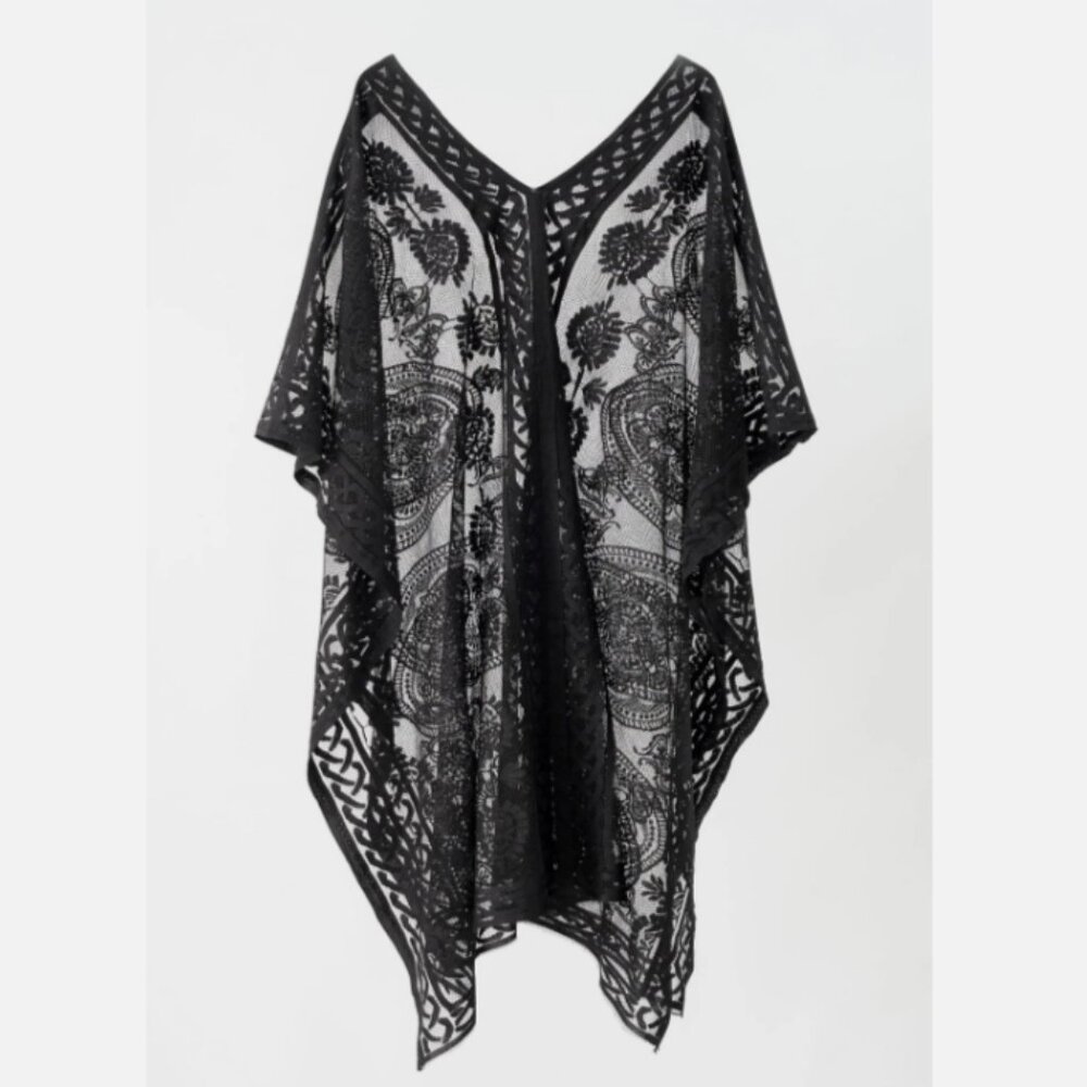 Colornival Swimwear Beach Pool Cover Up Poncho Black V Neck Lace Floral Paisley - Picture 7 of 13